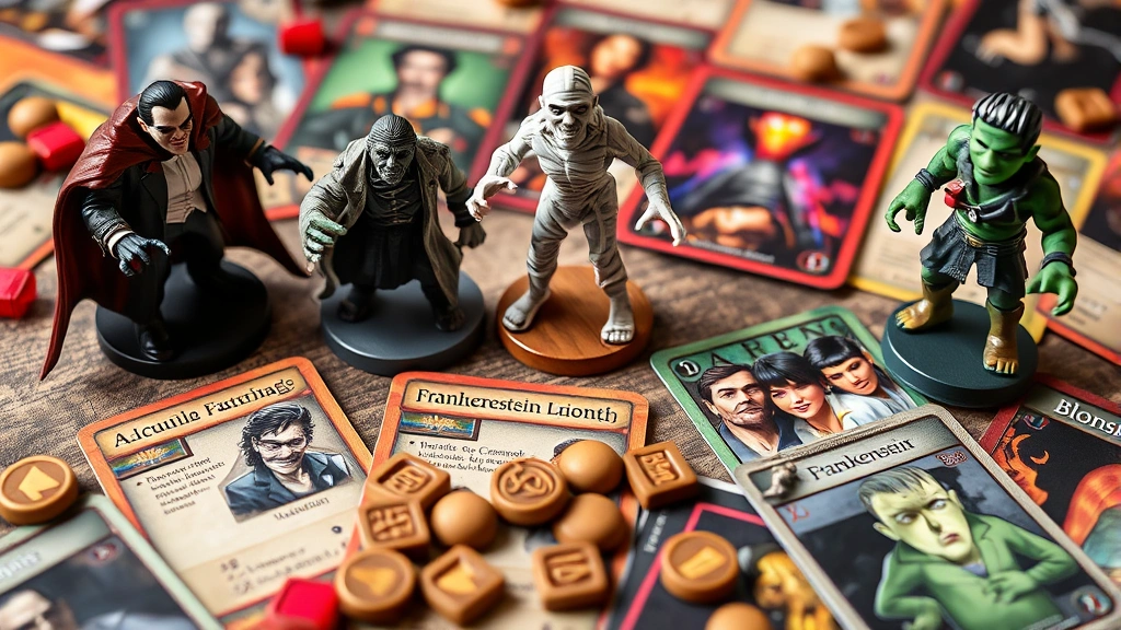 Close-up of Horrified game components including detailed monster miniatures of Dracula, Mummy, and Frankenstein's creature with vibrant character cards and wooden tokens scattered artfully