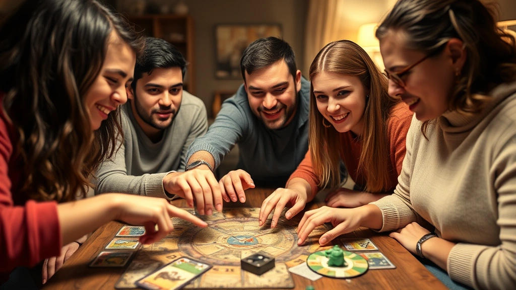 Group of four friends playing Horrified board game together, focused expressions, reaching toward board to move tokens, item cards and dice visible, cozy game room lighting, genuine engagement