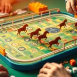 Vibrant tabletop setup showing colorful horse racing board game with wooden horse pieces moving around a track, dice scattered nearby, players' hands visible placing bets with game currency tokens, warm lighting highlighting game components