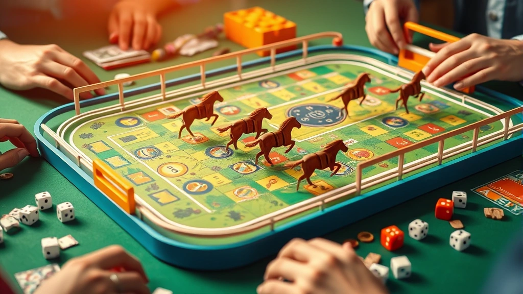 Vibrant tabletop setup showing colorful horse racing board game with wooden horse pieces moving around a track, dice scattered nearby, players' hands visible placing bets with game currency tokens, warm lighting highlighting game components