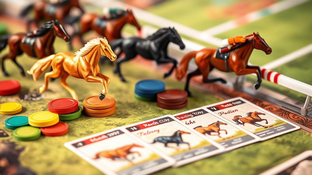 Close-up of detailed horse racing board game components including intricately painted horse figurines, betting chips in various colors, illustrated cards showing different horse breeds, and a beautifully designed race track board with grass and finish line