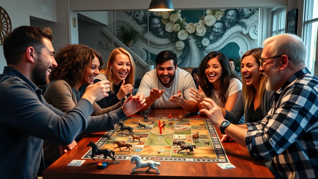 Group of diverse friends laughing and celebrating around a table during an intense horse racing board game match, with game pieces in motion, celebration gestures, game tokens being moved, and excited expressions on players' faces
