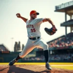 Professional baseball pitcher mid-delivery on mound, intense concentration, sunlit stadium background, realistic sports photography style