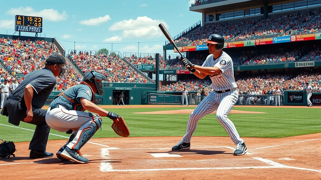 Baseball game action scene with batter at plate, catcher crouched, umpire behind home plate, crowded stadium stands visible, photorealistic daytime game