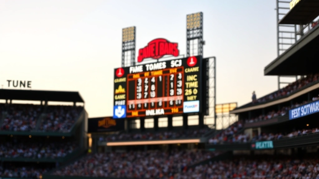 Scoreboard display showing game time and inning progression, blurred stadium crowd in background, evening game lighting, realistic baseball venue atmosphere