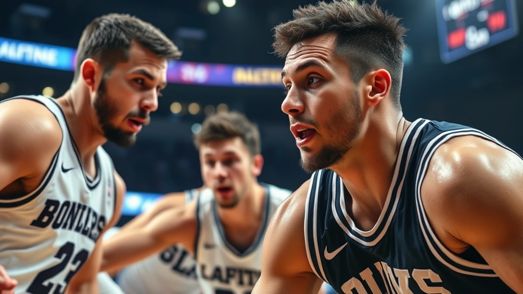 Close-up of college basketball players in intense defensive stance during game, sweat visible, focused expressions, arena lights in background, dynamic action shot