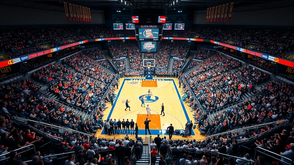 Wide overhead view of crowded college basketball arena during game, packed stands with fans cheering, court with players mid-play, vibrant atmosphere and energy