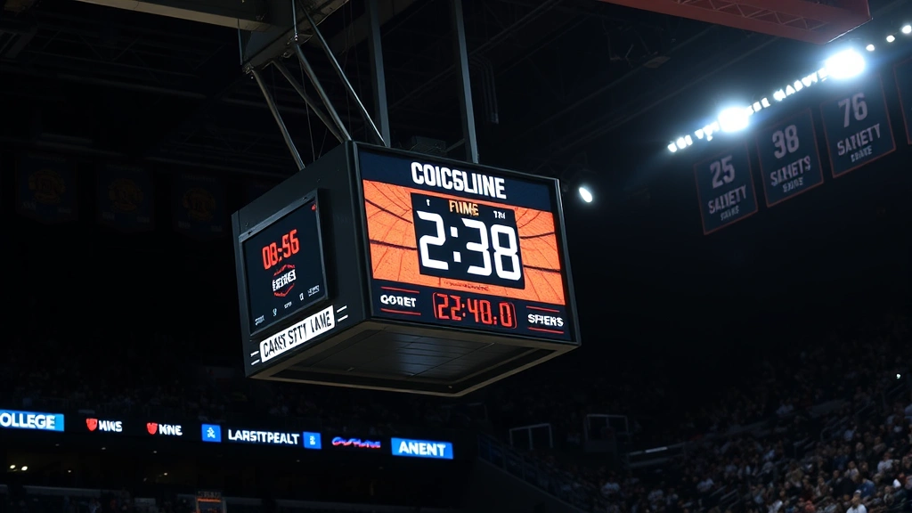 Scoreboard and game clock display showing time remaining in college basketball game, arena signage visible, crowd in soft focus behind, realistic stadium lighting