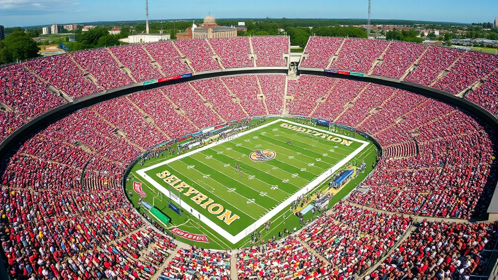 Aerial view of packed college football stadium during afternoon game with thousands of fans in colorful team apparel, sunny weather, vibrant atmosphere