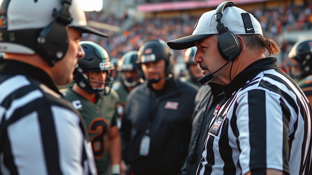 Close-up of game official reviewing play on sideline with players and coaches gathered, intense moment, natural stadium lighting, focused expressions