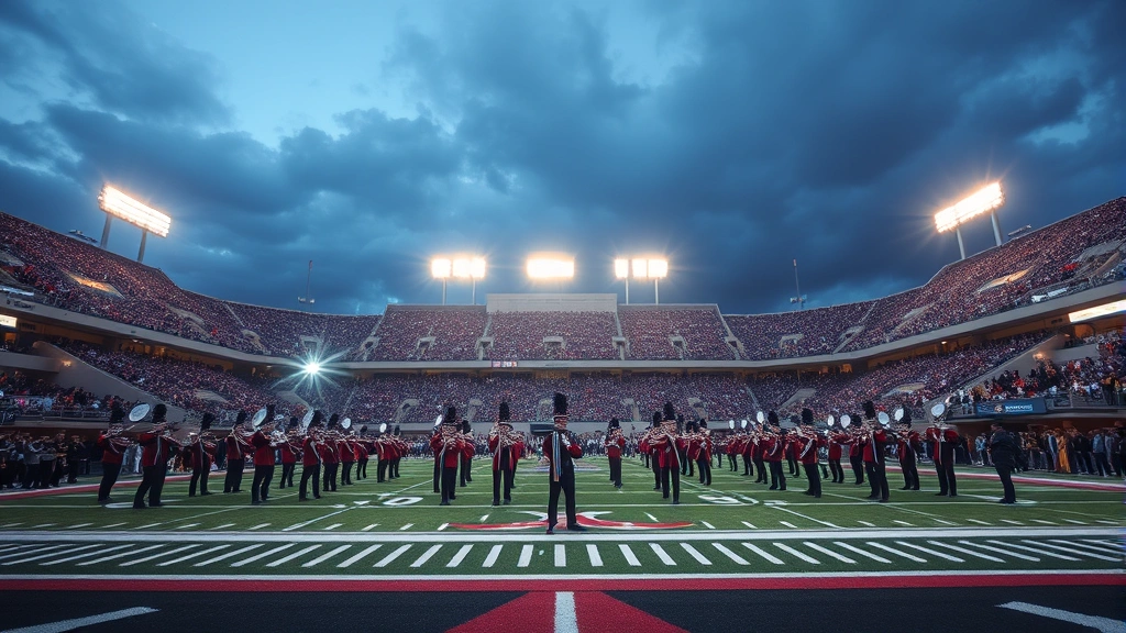 Wide shot of college football field during halftime with marching band performing elaborate formation, stadium lights on, dramatic evening atmosphere