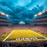 Professional NFL football stadium during evening game with bright field lights, packed crowd in stands, players on field in action, photorealistic high-definition image