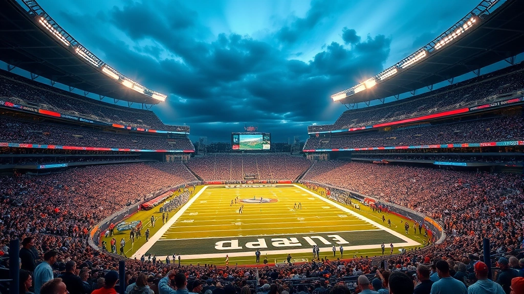 Professional NFL football stadium during evening game with bright field lights, packed crowd in stands, players on field in action, photorealistic high-definition image