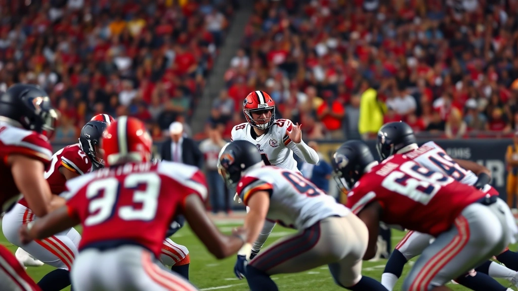 Football game in progress showing players in defensive formation, quarterback preparing to throw, intense athletic action, stadium background blurred, professional sports photography