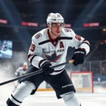 Professional hockey player in action on ice during intense playoff game, dynamic movement, competitive atmosphere, photorealistic, no UI elements