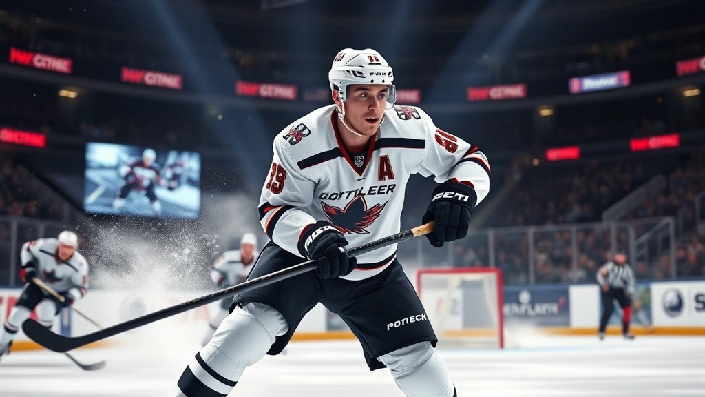 Professional hockey player in action on ice during intense playoff game, dynamic movement, competitive atmosphere, photorealistic, no UI elements