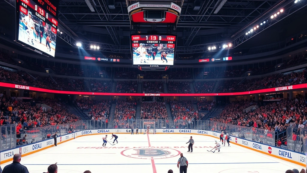 Ice hockey arena packed with enthusiastic fans during evening game, stadium lighting, crowd energy, photorealistic sports photography, no scoreboard text visible