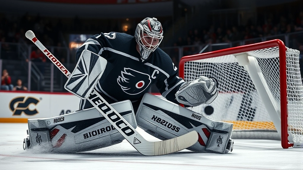 Goaltender making dramatic save with puck approaching, action-packed moment, professional hockey setting, photorealistic sports action, no jersey numbers or text