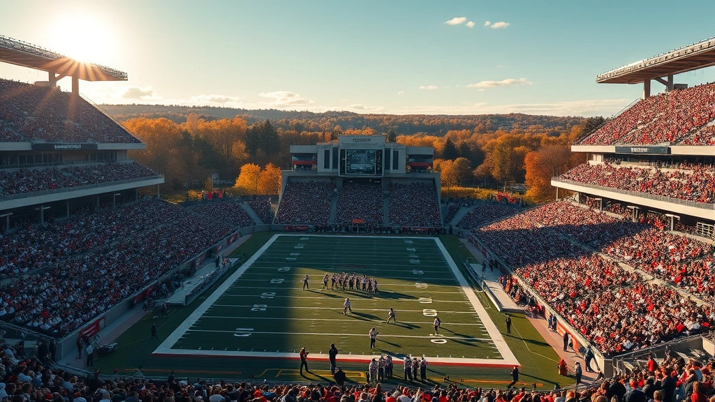Wide shot of packed college football stadium during afternoon game with crowded stands, autumn sunshine, players on field in formation, no visible UI or text elements, photorealistic