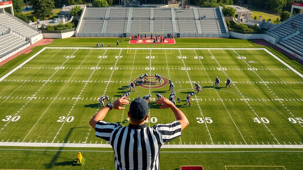 Overhead view of football field with players lined up for play, referee in striped shirt making hand signals, stadium lights visible, clear weather, no scoreboard or graphics, photorealistic action shot