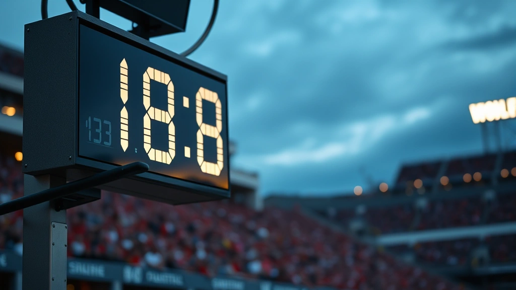 Close-up of game clock and scoreboard showing time remaining, blurred stadium background with fans, evening lighting, realistic sports broadcast aesthetic without readable numbers
