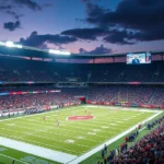 Professional football stadium during evening game with bright floodlights illuminating field, crowded stands filled with passionate fans wearing team colors, dynamic action frozen mid-play with players engaged in intense competition