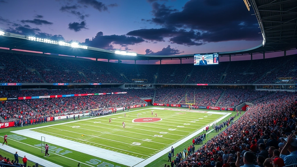 Professional football stadium during evening game with bright floodlights illuminating field, crowded stands filled with passionate fans wearing team colors, dynamic action frozen mid-play with players engaged in intense competition