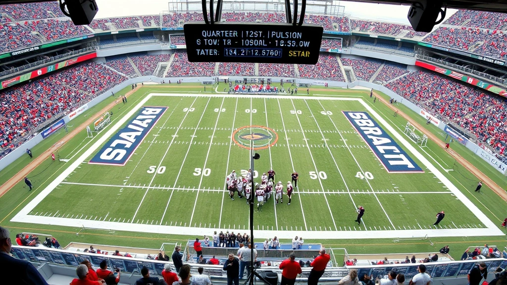 Wide-angle shot of football field from elevated broadcast booth perspective showing complete game layout, scoreboard displaying quarter and time remaining, coaching staff on sidelines with headsets, players in huddle formation preparing next play