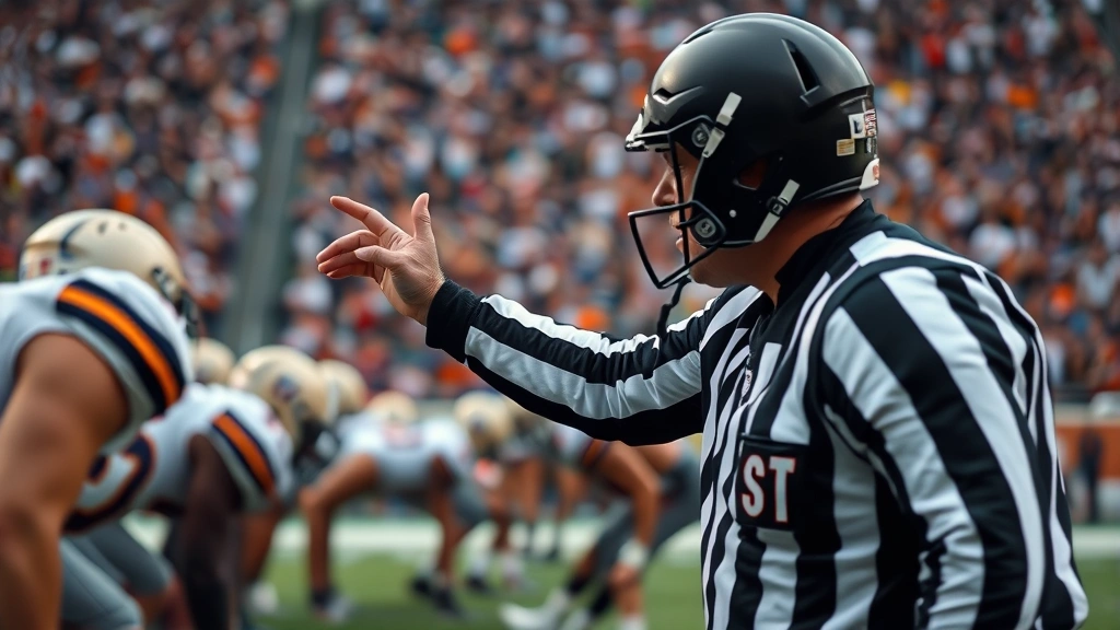Close-up dramatic moment of football referee making official hand signals during crucial game moment, players lined up at line of scrimmage, stadium crowd visible blurred in background, showing intensity of competitive professional football