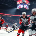Professional hockey players in intense action during regulation play, fast-paced movement on ice with realistic arena lighting and crowd energy in background, photorealistic sports photography style