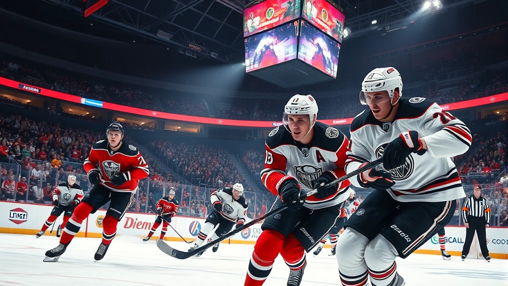Professional hockey players in intense action during regulation play, fast-paced movement on ice with realistic arena lighting and crowd energy in background, photorealistic sports photography style