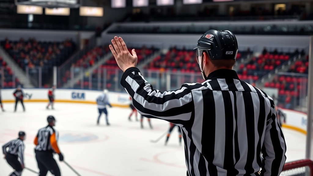 Hockey referee making a penalty call gesture with arm raised, players skating in background during game stoppage, professional arena setting with natural lighting reflecting off ice surface