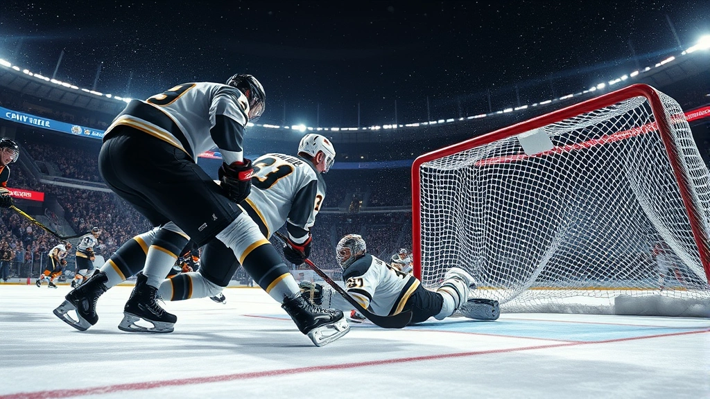 Dramatic overtime hockey moment with goaltender making crucial save, players converging near net with intense focus, stadium lights illuminating the action, photorealistic sports action photography