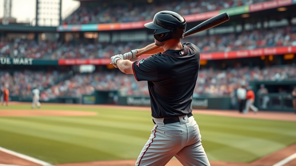 Professional baseball player in mid-swing at home plate during day game, stadium crowd blurred in background, realistic lighting and motion blur, photorealistic sports photography