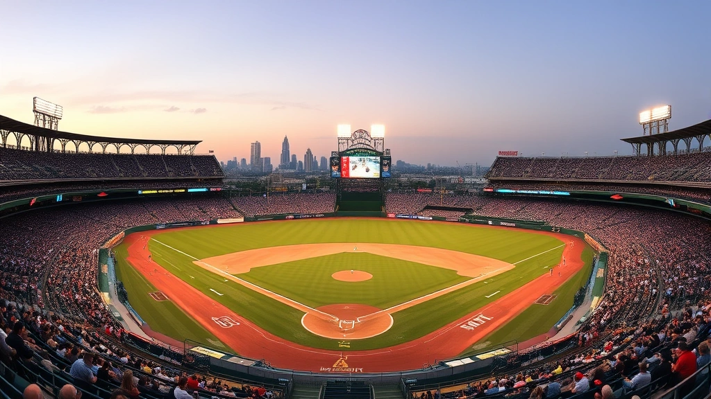 Baseball stadium panoramic view during evening game with full crowd, field perfectly manicured, stadium lights illuminating field, photorealistic sports venue atmosphere