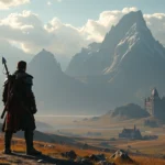 Epic fantasy RPG hero standing in vast open-world landscape with mountains and castles in distance, dramatic lighting, photorealistic