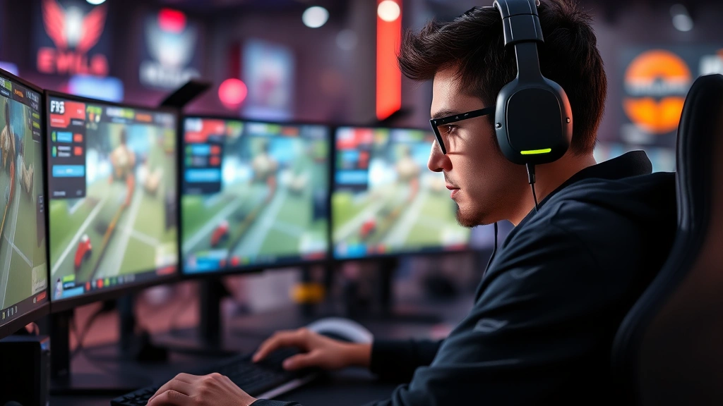 Professional esports player intensely focused at gaming setup with multiple monitors displaying competitive gameplay, realistic gaming environment