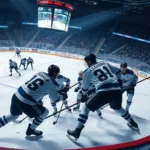 Professional hockey players in intense competition on ice rink during game, dynamic action shot with players battling for puck near boards, realistic stadium lighting, no HUD elements