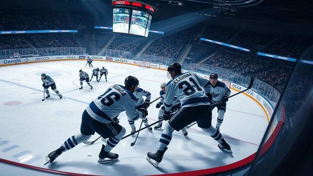Professional hockey players in intense competition on ice rink during game, dynamic action shot with players battling for puck near boards, realistic stadium lighting, no HUD elements