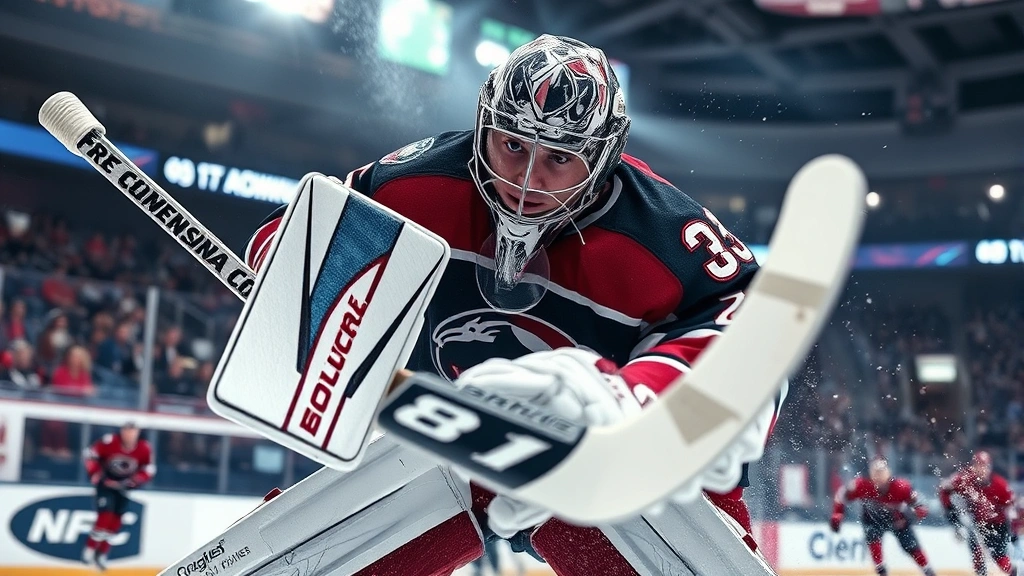 Hockey goaltender in full protective gear making dramatic save during fast-paced game action, close-up of equipment and athletic movement, arena crowd visible in background blur, photorealistic