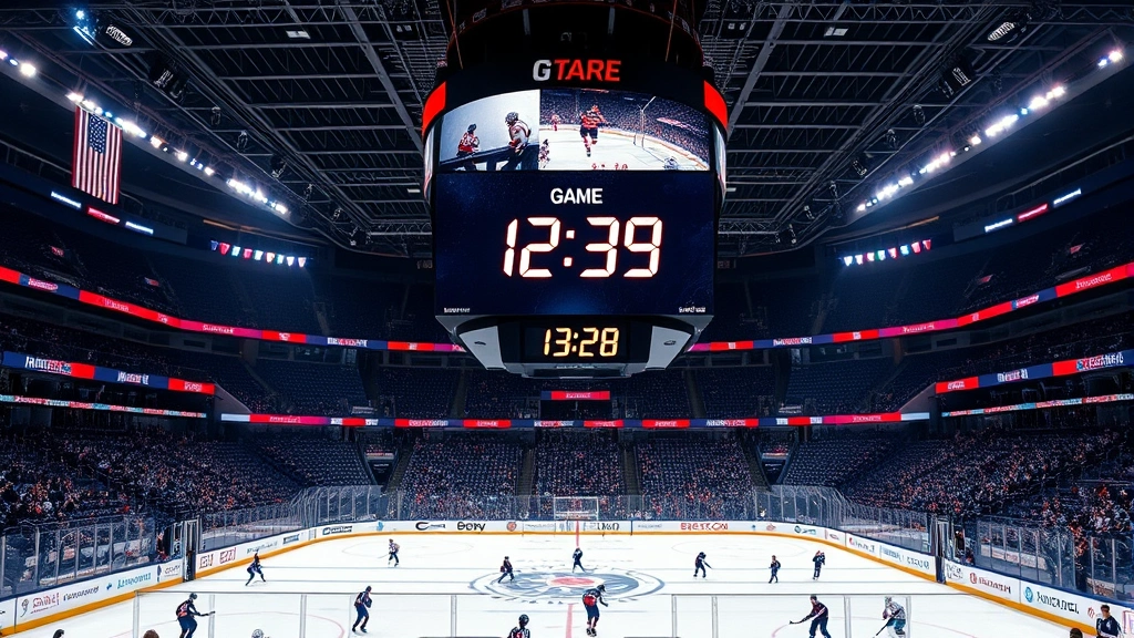 Hockey scoreboard and clock display showing game time during professional match, wide stadium view with players on ice below, realistic arena environment, no text overlay