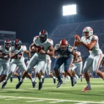 Professional college football players in action during a game under stadium lights, intense defensive play with multiple athletes converging on the ball carrier, photorealistic sports photography, no UI elements