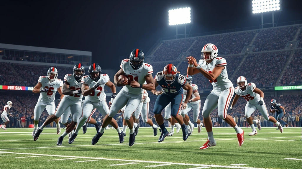 Professional college football players in action during a game under stadium lights, intense defensive play with multiple athletes converging on the ball carrier, photorealistic sports photography, no UI elements