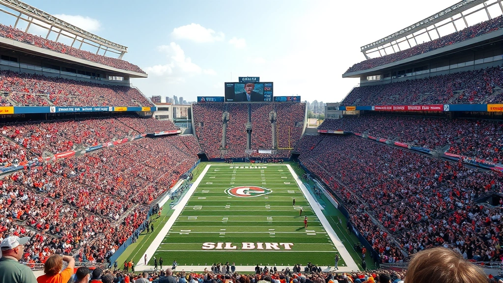 College football stadium filled with thousands of passionate fans cheering, wide-angle view of the crowd and field during daytime game, vibrant atmosphere with team colors visible, no scoreboard text visible