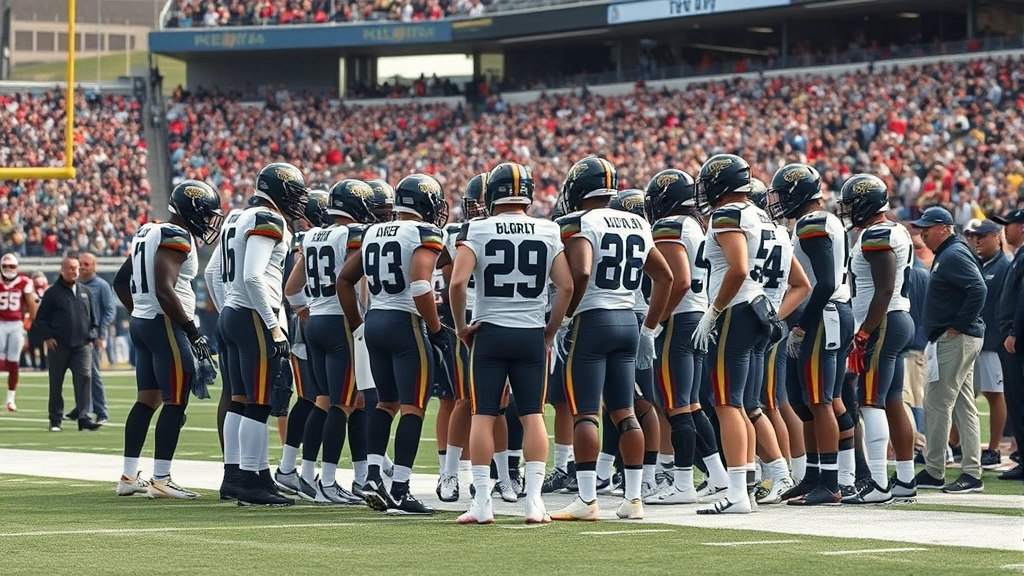 Football team huddle on sideline during game timeout, coaches and players discussing strategy, sideline personnel visible in background, authentic stadium environment, photorealistic sports documentation