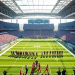 Professional football stadium packed with fans during daytime game, wide-angle shot showing full field with players lined up, bright sunlight, vibrant team uniforms, realistic stadium atmosphere