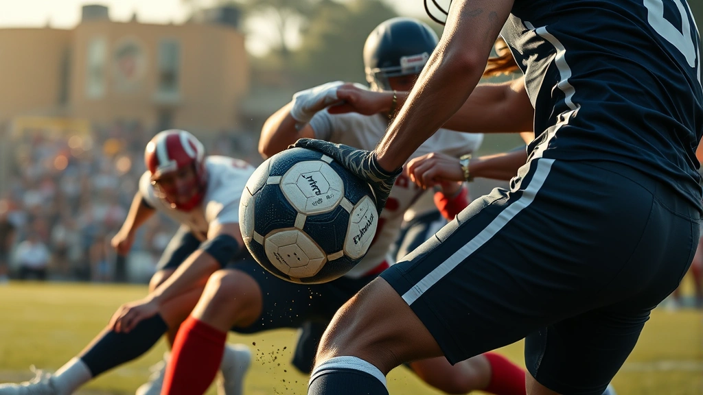 Close-up of football game action showing players in mid-play collision, ball visible in air, intense athletic movement, realistic sports photography, natural field lighting, no UI elements