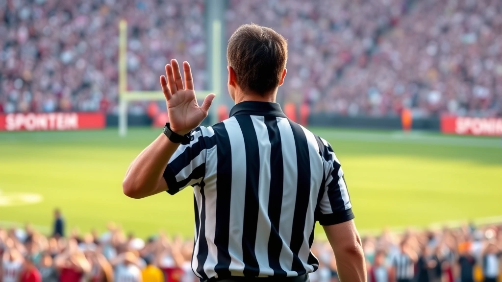 Football referee in striped uniform making hand signal during game, crowd visible blurred in background, professional stadium setting, afternoon lighting, clear gesture visible, photorealistic sports photography