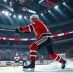 Professional hockey player taking a shot during intense playoff game, dynamic action pose, arena lighting, photorealistic, no UI elements, aggressive movement captured mid-frame