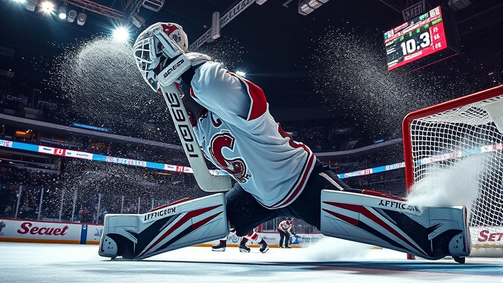 Hockey goaltender making spectacular save during competitive match, diving motion, ice spray visible, dramatic lighting from arena, photorealistic sports photography, no scoreboard